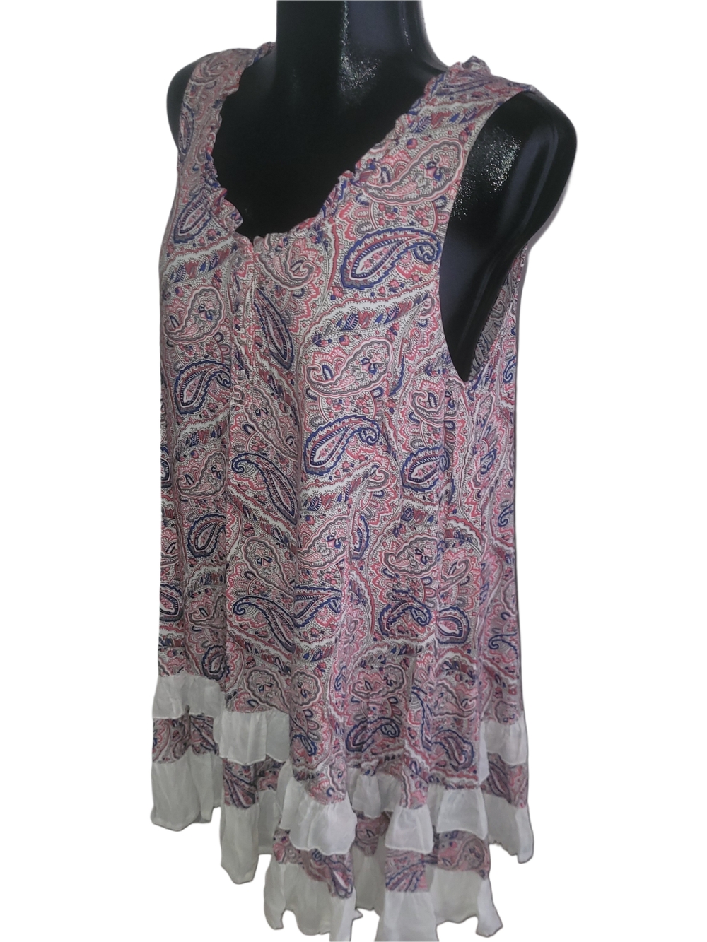 Papillon Pink and Blue Paisley Print Sleeveless Ruffle Shift Summer Dress L - Picture 4 of 7
